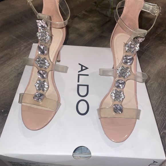 ALDO Montesegale Soft Pink Crystal Clear Strap Open-Toe Pumps Size 8 - Picture 2 of 13